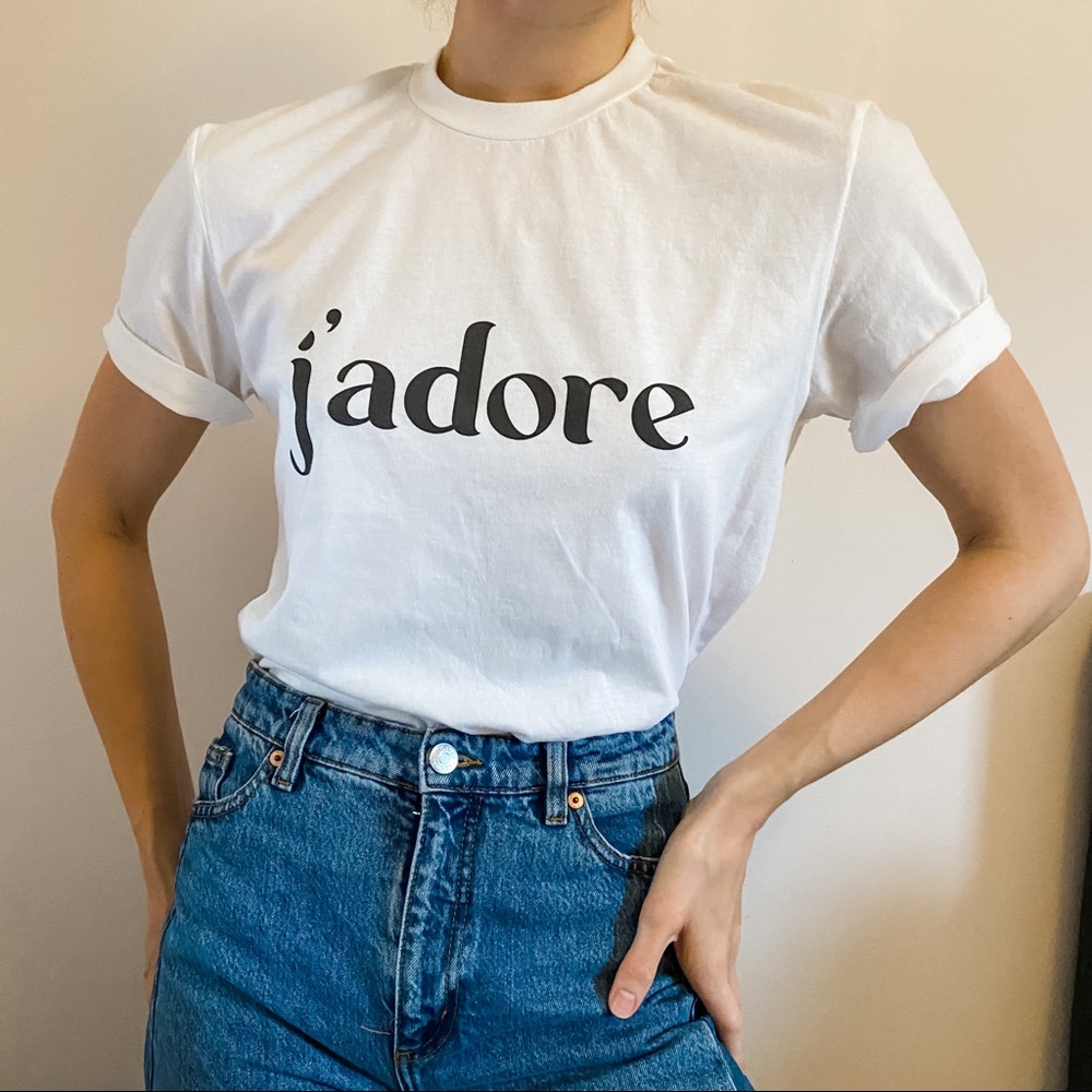 French J’adore Black White Minimalist Graphic Tee - Picture 1 of 7